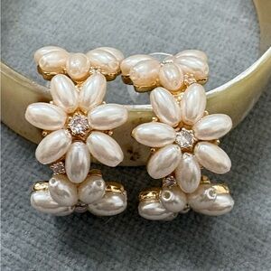 Pearl Floral Statement Earrings - Gold Tone